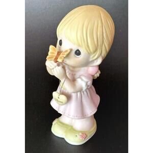 Rare Precious Moments Girl w Butterfly Figurine I ♥ Mom Heart Charm Pink Dress